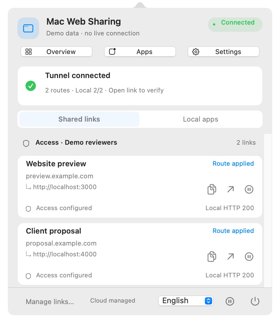 Native Mac menu bar panel with two demo links, copy and pause controls, and a language selector